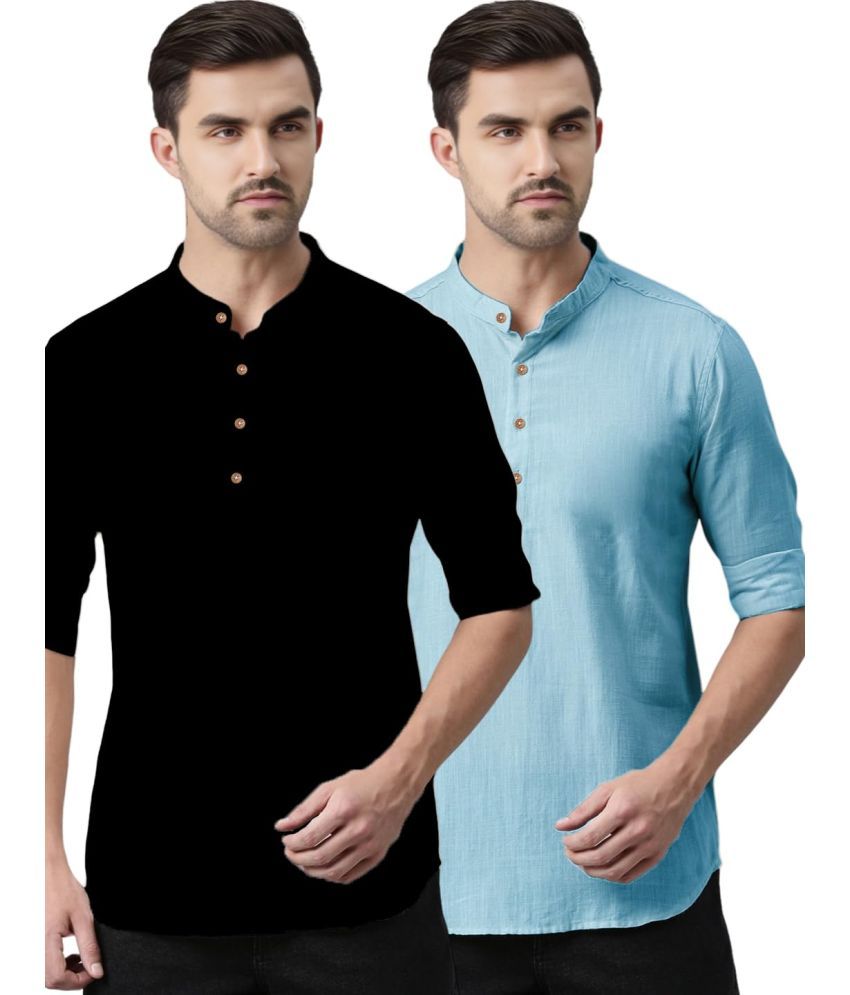     			UNI VIBE Sky Blue Cotton Men's Shirt Style Kurta ( Pack of 2 )