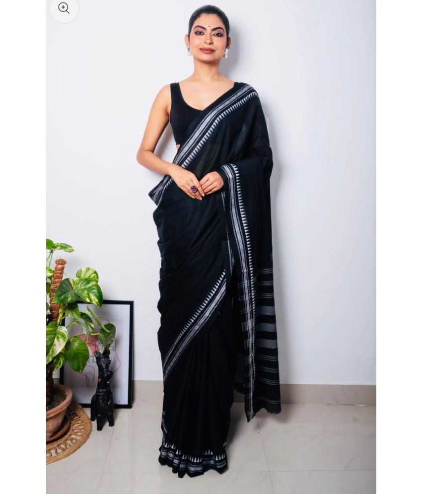     			SARADA HANDLOOM Cotton Solid Saree With Blouse Piece ( Black , Pack of 1 )