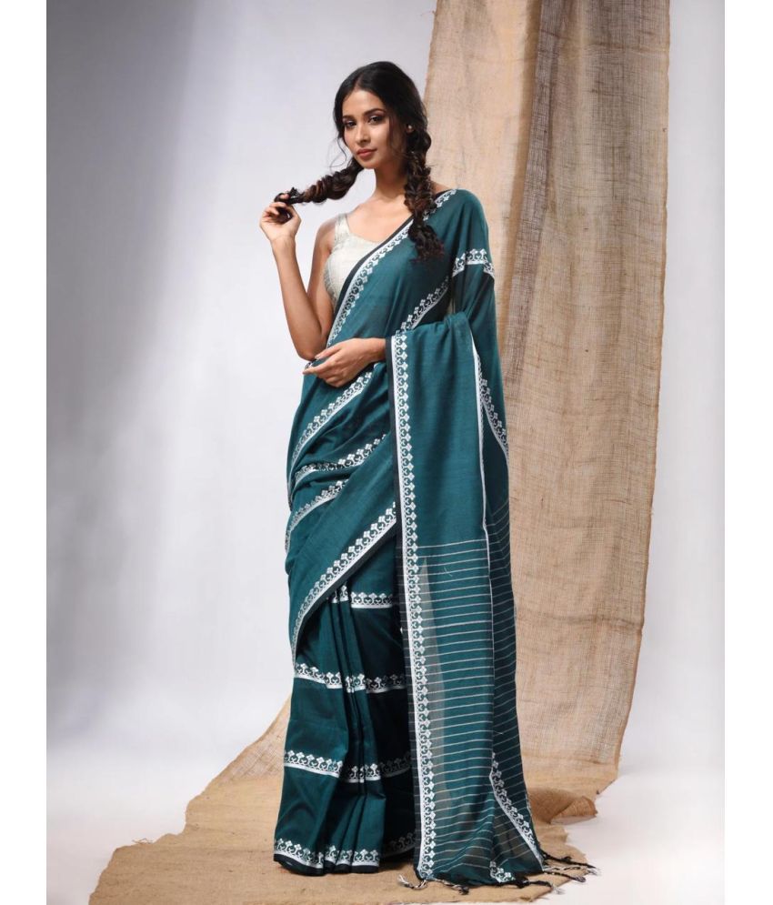     			SARADA HANDLOOM Cotton Striped Saree With Blouse Piece ( Teal , Pack of 1 )