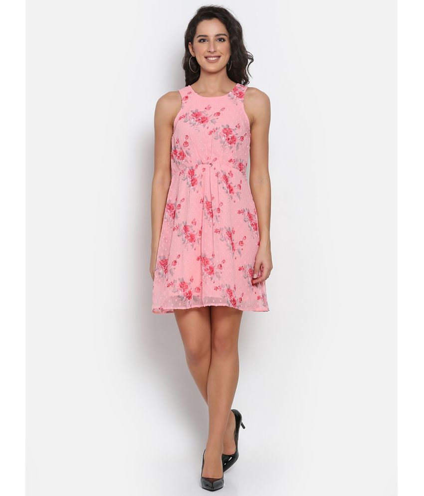     			marc louis Chiffon Printed Above Knee Women's Fit & Flare Dress - Pink ( Pack of 1 )