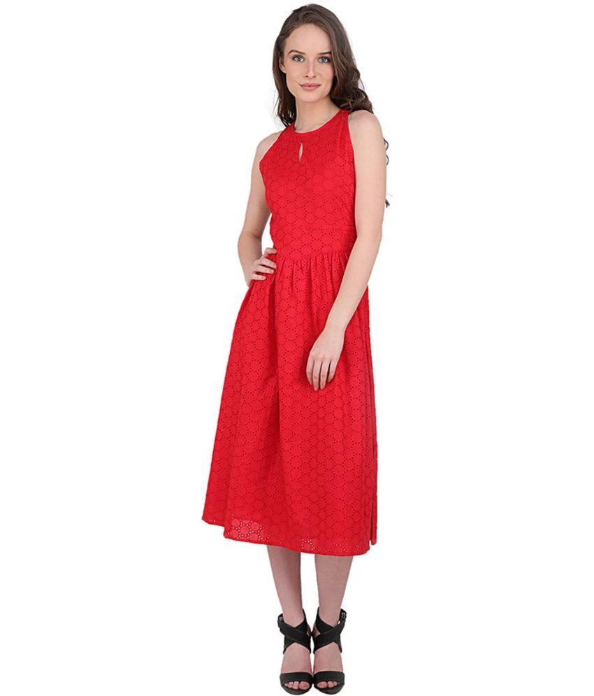     			marc louis Cotton Linen Printed Calf-Length Women's Fit & Flare Dress - Red ( Pack of 1 )