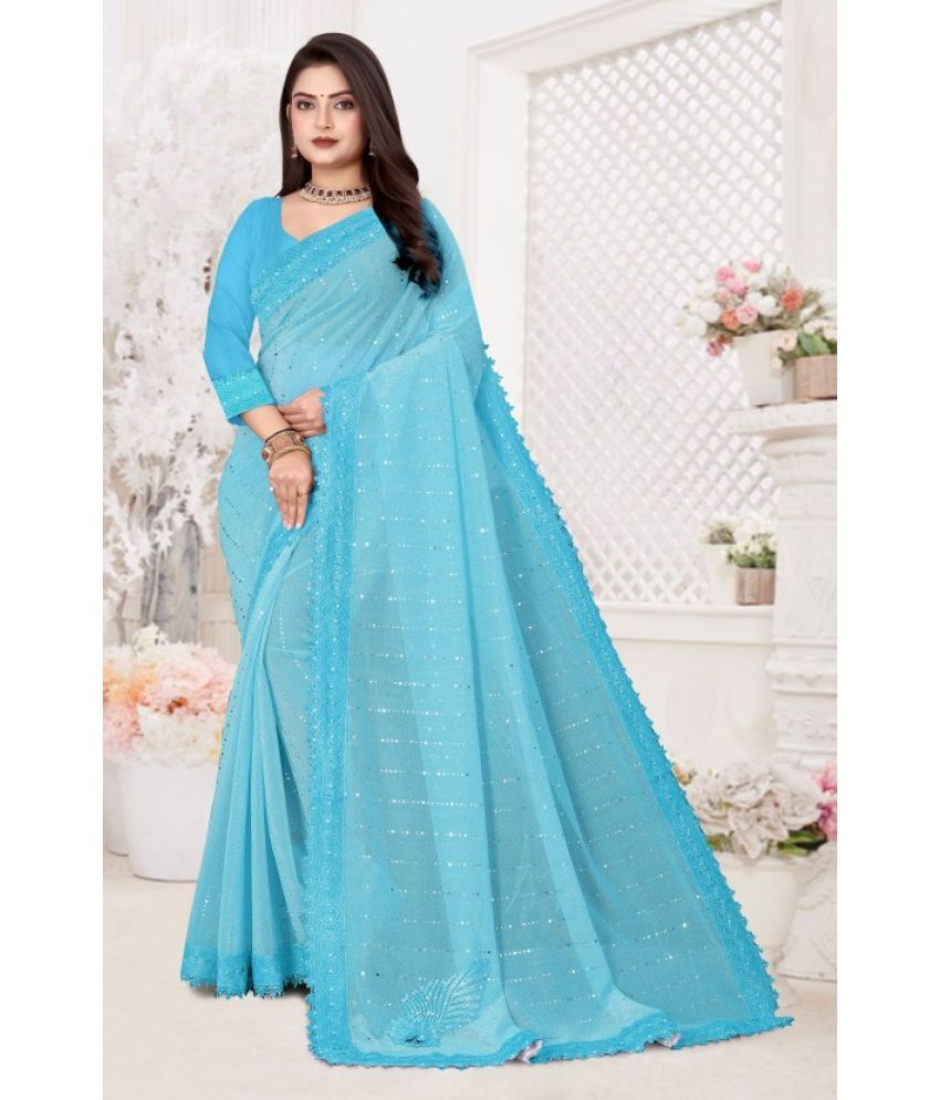     			Aika Lycra Embellished Saree With Blouse Piece ( SkyBlue , Pack of 1 )