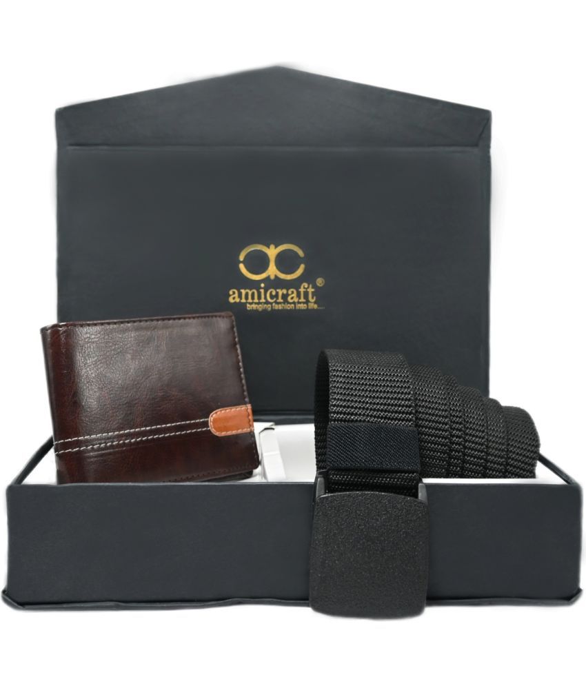     			Amicraft - Black PU Men's Belts Wallets Set ( Pack of 2 )