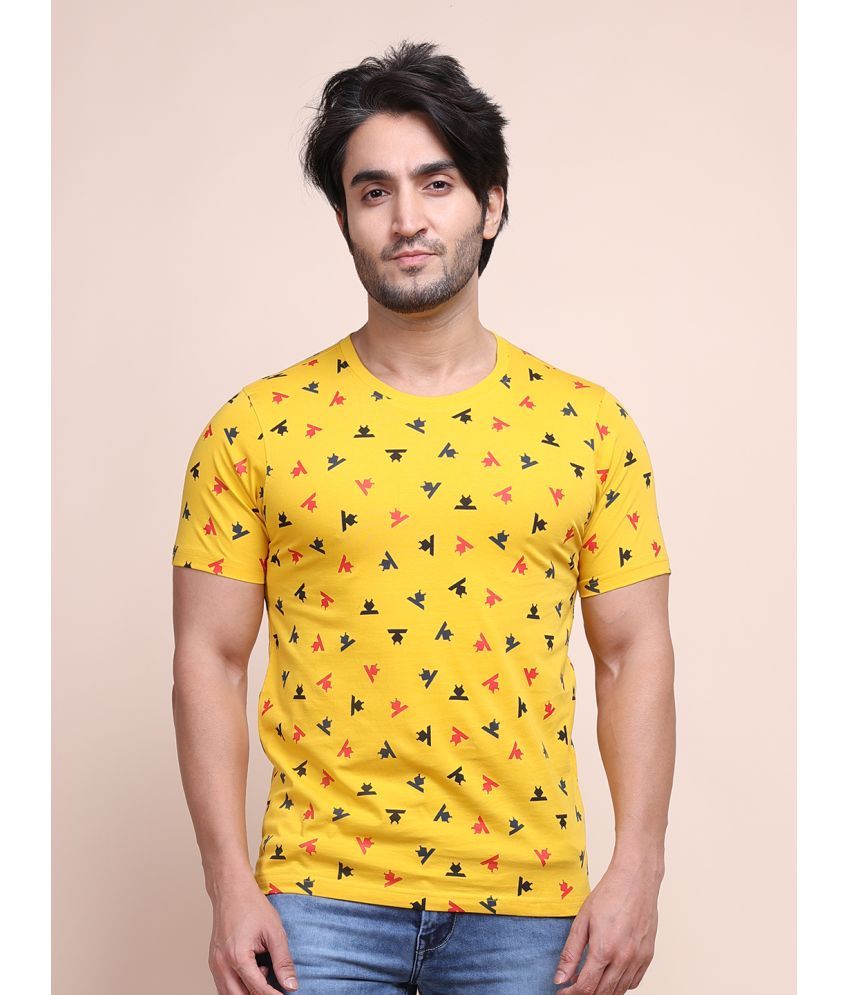     			BERRYBLUES Cotton Blend Regular Fit Printed Half Sleeves Men's Round T-Shirt - Yellow ( Pack of 1 )