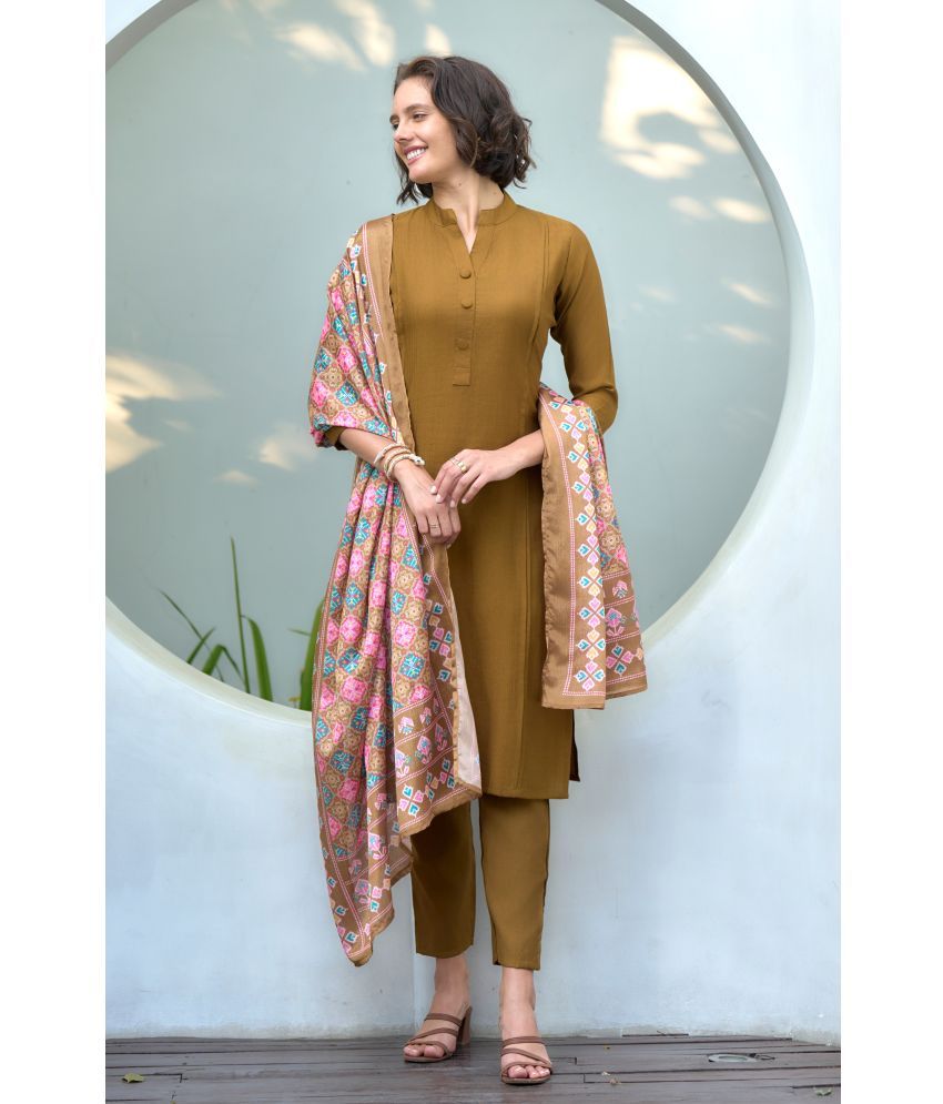     			MOJILAA Silk Solid Kurti With Pants Women's Stitched Salwar Suit - Mustard ( Pack of 1 )