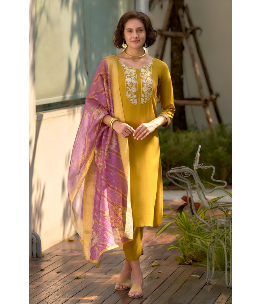     			MOJILAA Viscose Embroidered Kurti With Pants Women's Stitched Salwar Suit - Mustard ( Pack of 1 )