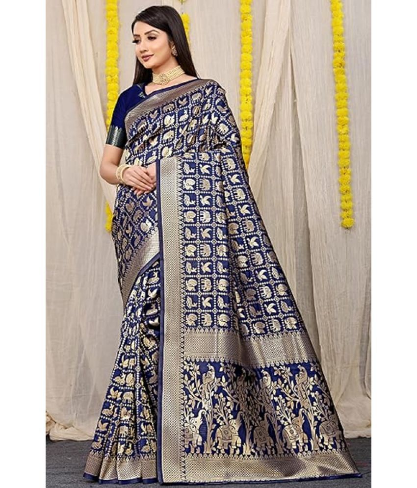     			Samai Silk Woven Saree With Blouse Piece ( Navy Blue , Pack of 1 )