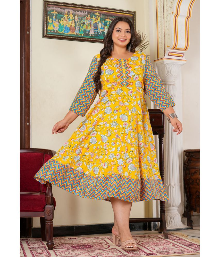     			Yash Gallery Rayon Printed Calf-Length Women's Fit & Flare Dress - Yellow ( Pack of 1 )