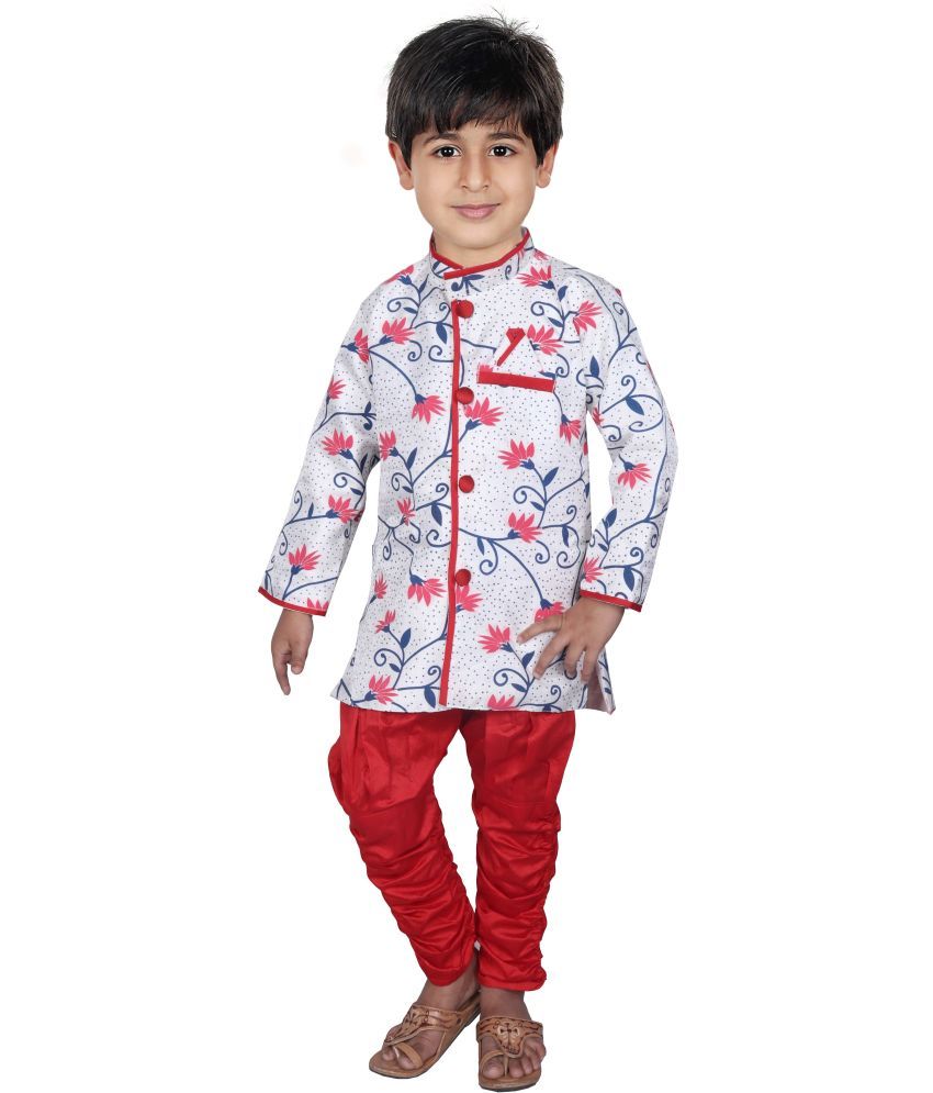     			hrr Baby Boys Silk Floral - Pattern Kurta Churidar Set ( Red , Pack of 1 )