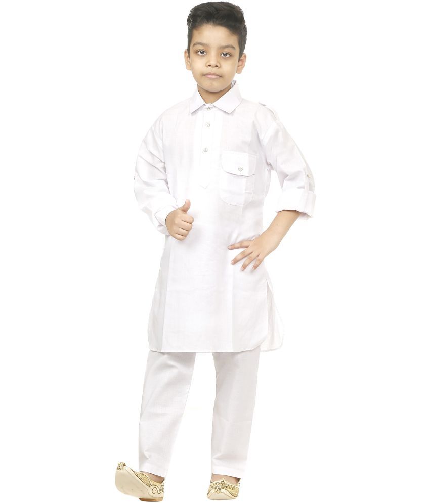     			hrr Boys Cotton Blend Solid - Pattern Kurta Pyjama Set ( White , Pack of 1 )