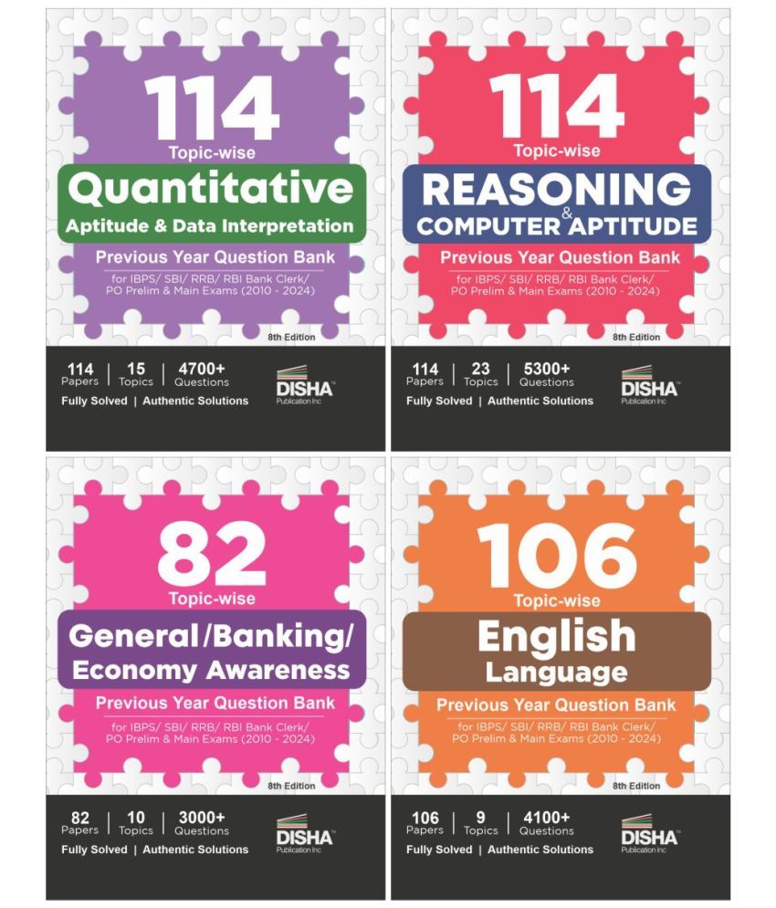     			114 Topic-wise Reasoning/ Quantitative Aptitude/ English/ General Awareness Solved Papers for IBPS/ SBI/ RRB/ RBI Bank Clerk/ PO Prelim & Main Exams (2010 - 24) Combo 8th Edition