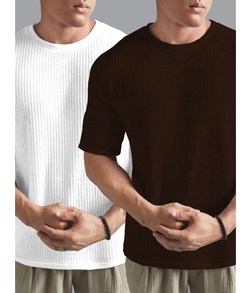     			AIN6 Cotton Blend Regular Fit Self Design Half Sleeves Men's Round T-Shirt - Brown ( Pack of 2 )