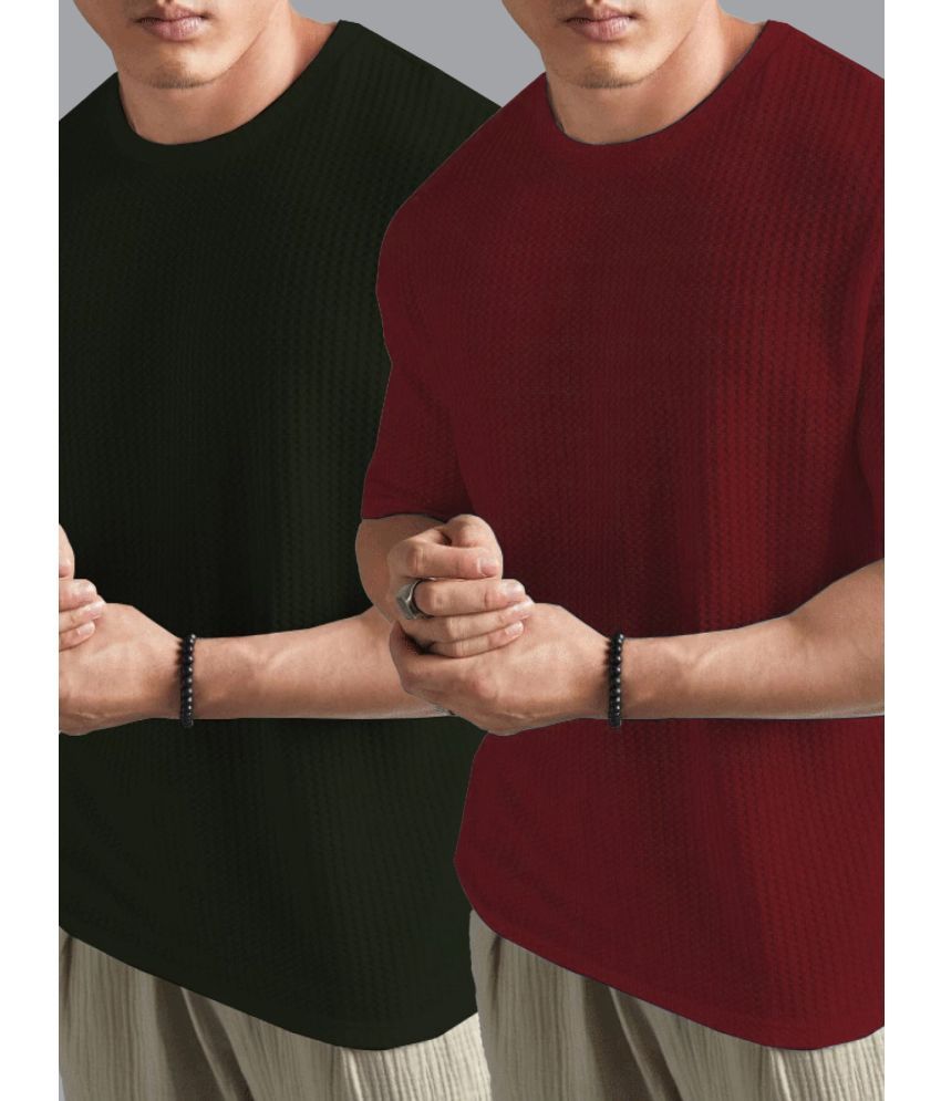     			AIN6 Cotton Blend Regular Fit Self Design Half Sleeves Men's Round T-Shirt - Maroon ( Pack of 2 )