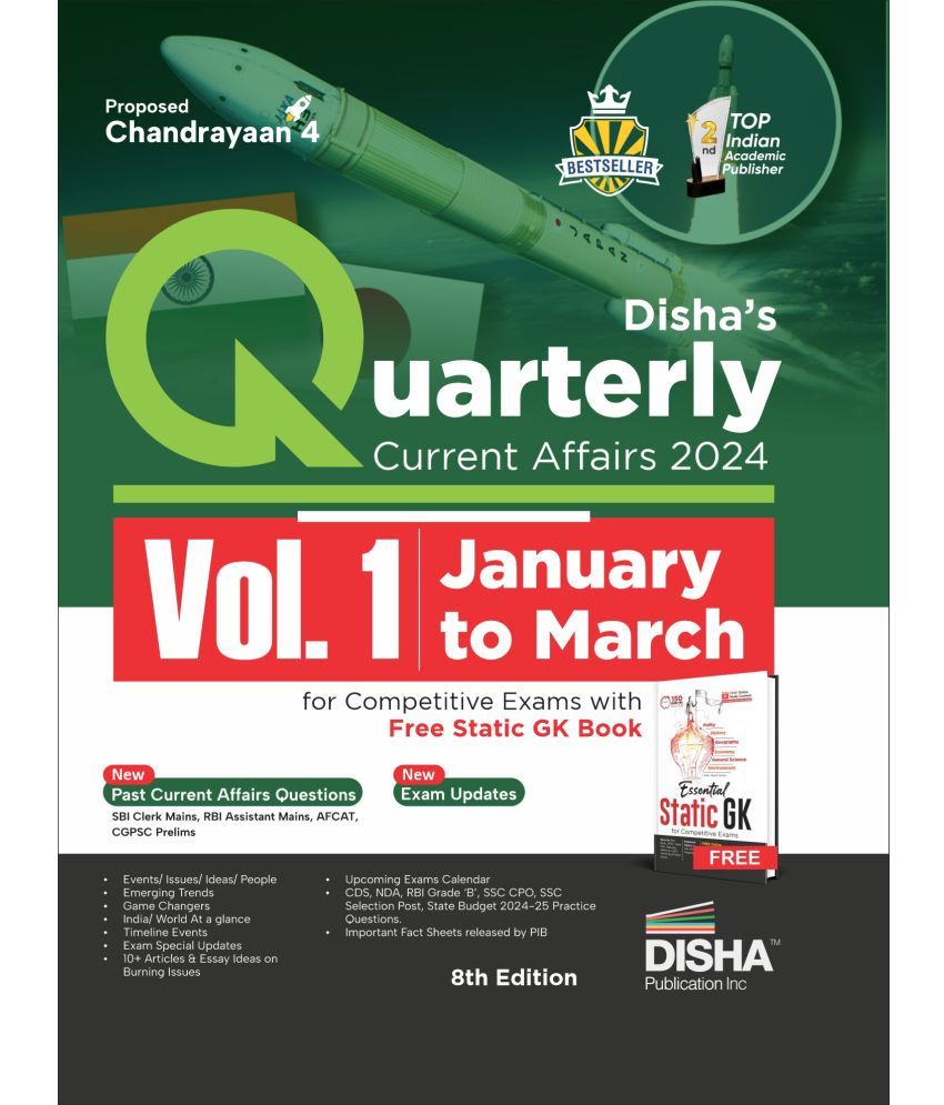     			Disha's Quarterly Current Affairs 2024 Vol. 1 (January to March) for Competitive Exams with Free Static GK Book 8th 4 color Edition | General Knowledg