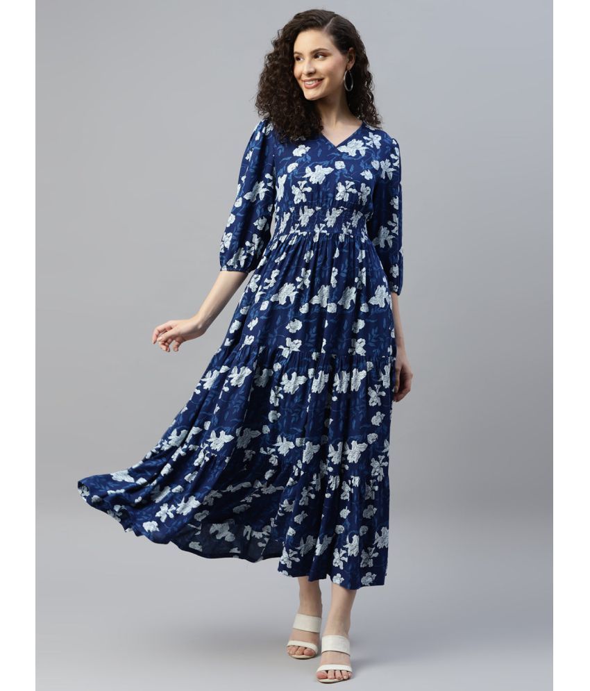     			Femvy Polyester Printed Midi Women's Fit & Flare Dress - Blue ( Pack of 1 )