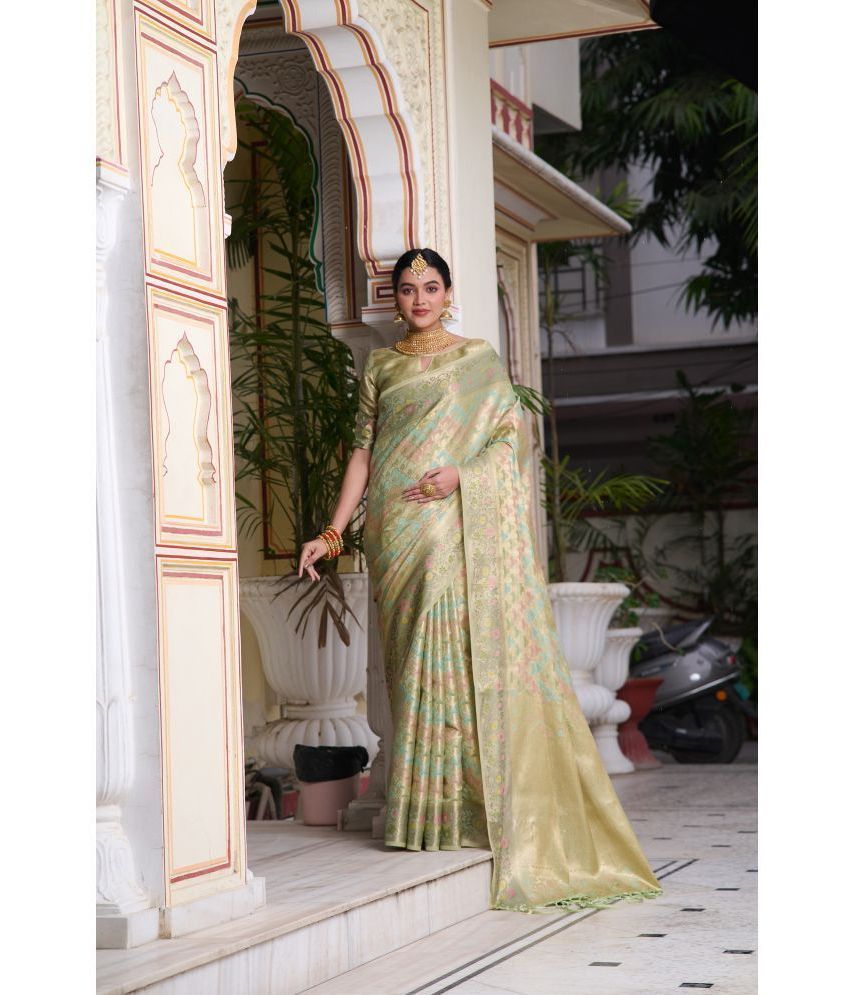     			Gullak Banarasi Silk Printed Saree With Blouse Piece ( Mint Green , Pack of 1 )