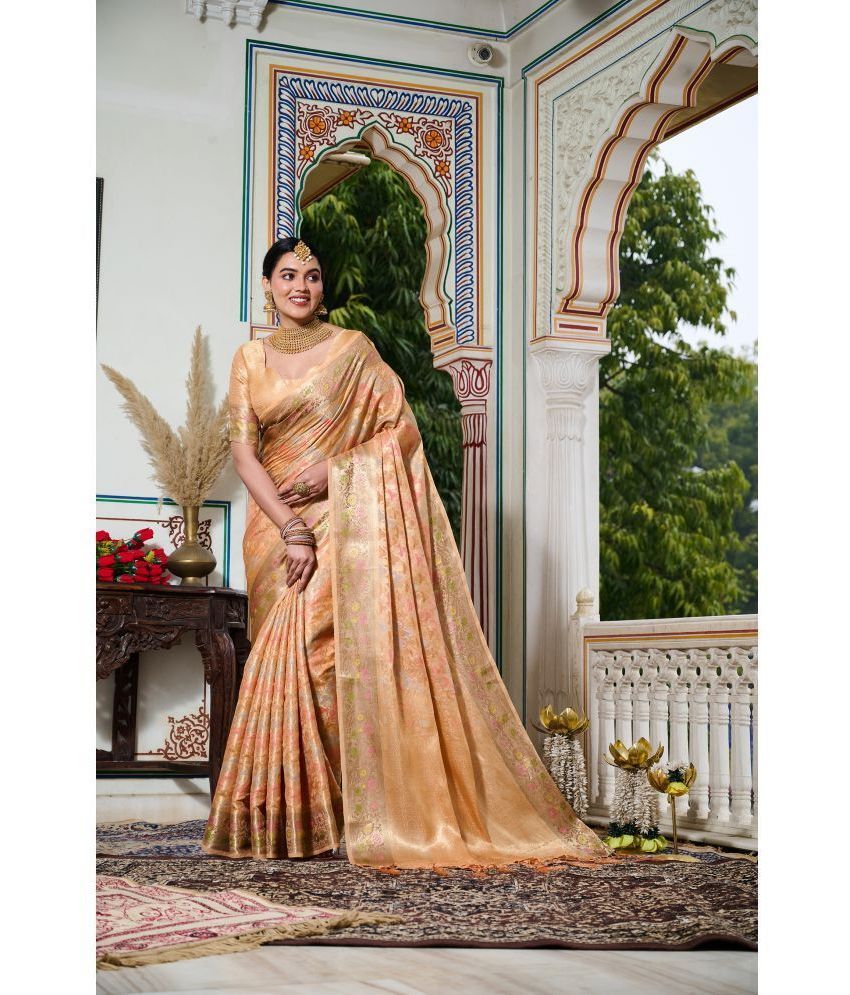     			Gullak Banarasi Silk Printed Saree With Blouse Piece ( Orange , Pack of 1 )