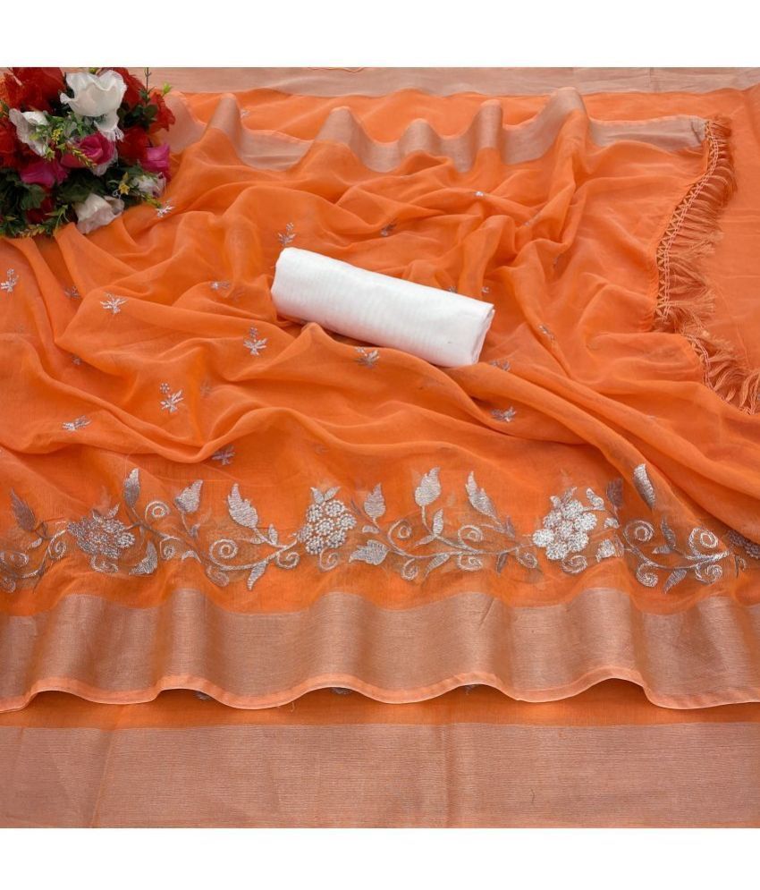     			Gullak Chanderi Embroidered Saree With Blouse Piece ( Peach , Pack of 1 )