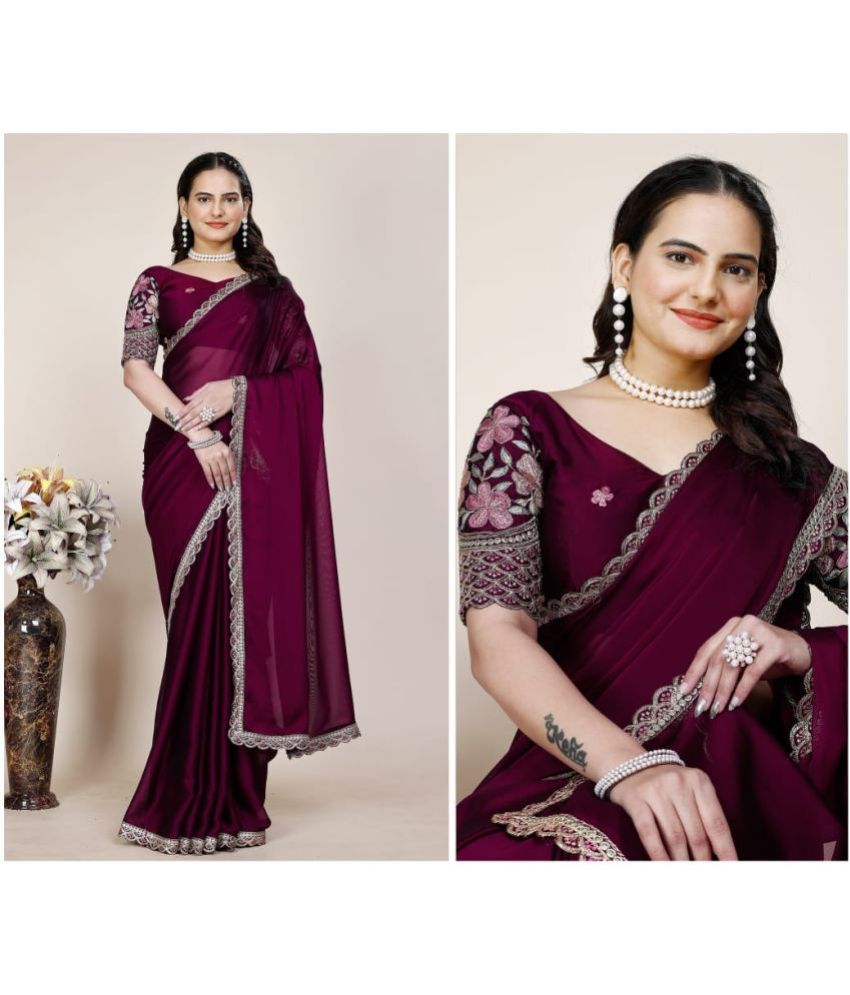     			Gullak Chiffon Embroidered Saree With Blouse Piece ( Purple , Pack of 1 )