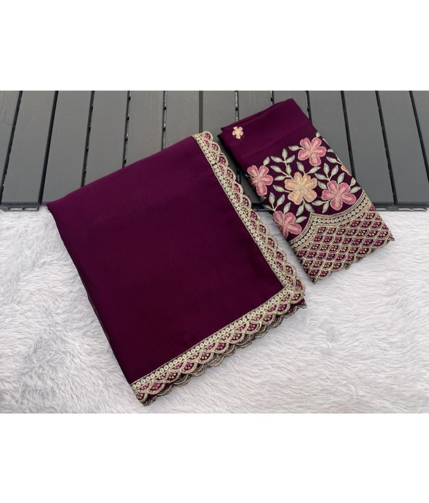     			Gullak Chiffon Embroidered Saree With Blouse Piece ( Purple , Pack of 1 )