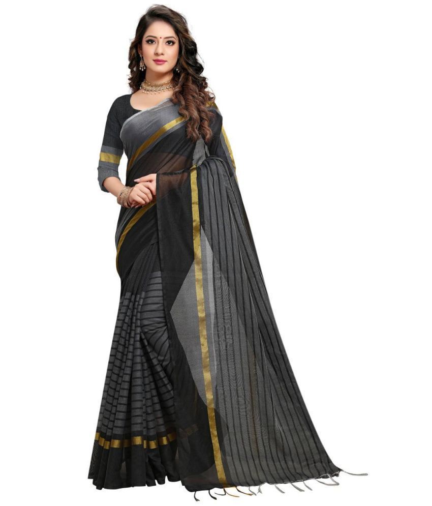     			Gullak Cotton Blend Striped Saree With Blouse Piece ( Black , Pack of 1 )