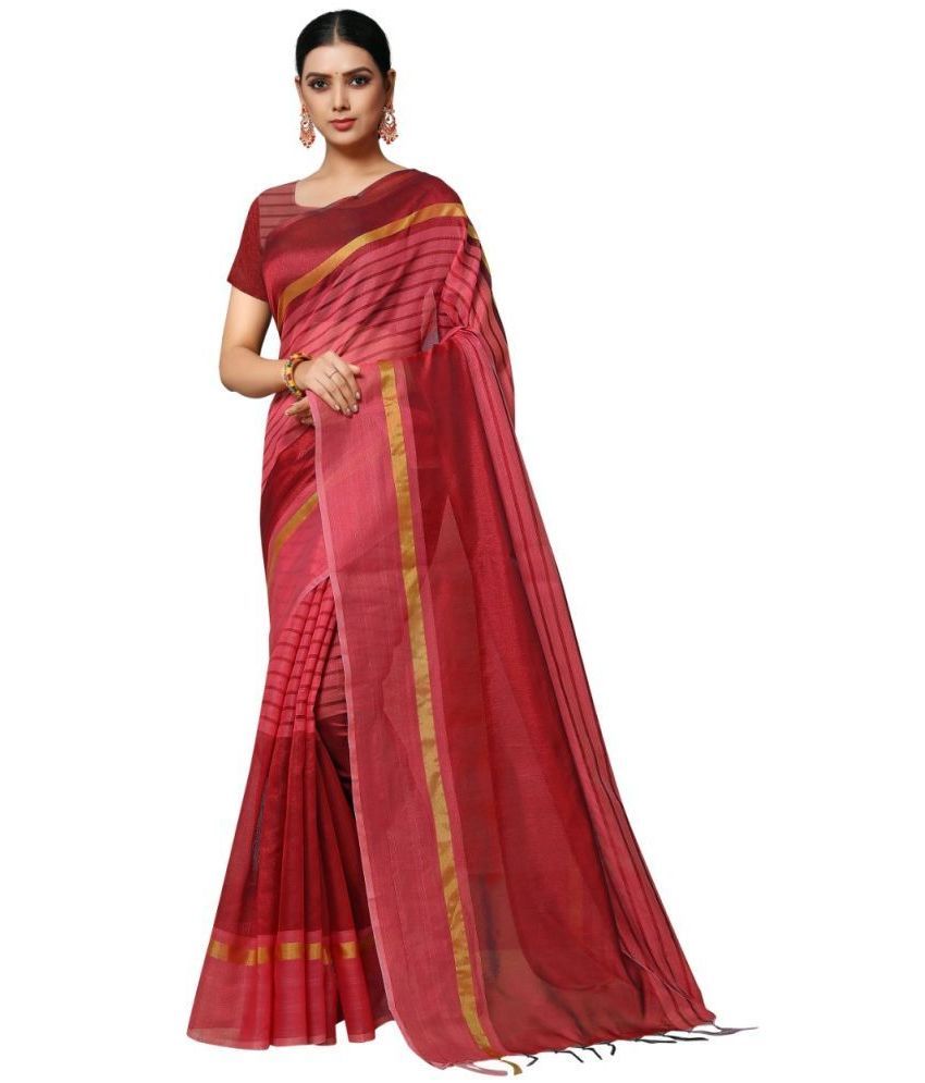     			Gullak Cotton Blend Striped Saree With Blouse Piece ( Maroon , Pack of 1 )