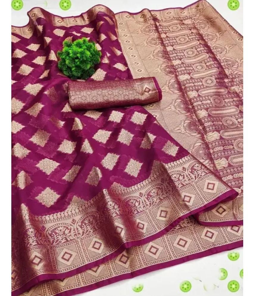     			Gullak Organza Embellished Saree With Blouse Piece ( Purple , Pack of 1 )