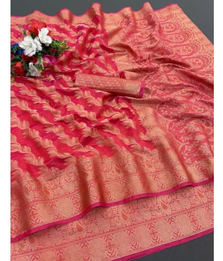     			Gullak Organza Embellished Saree With Blouse Piece ( Red , Pack of 1 )