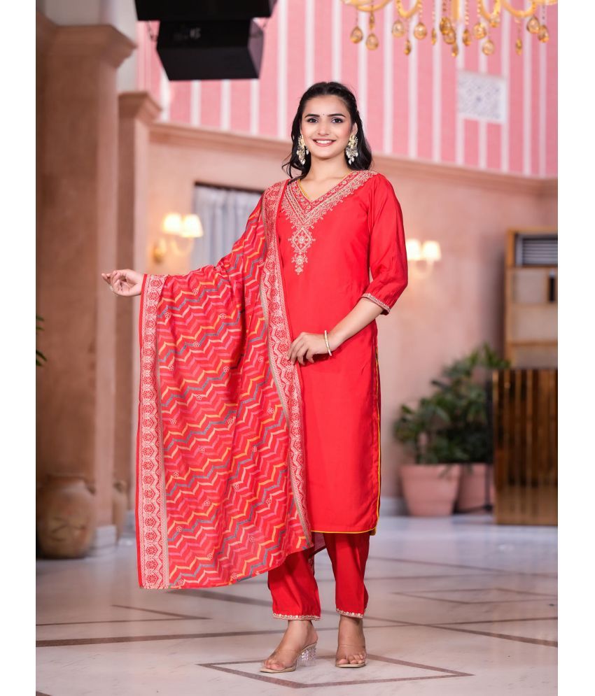     			Juniper Silk Embroidered Kurti With Pants Women's Stitched Salwar Suit - Red ( Pack of 1 )