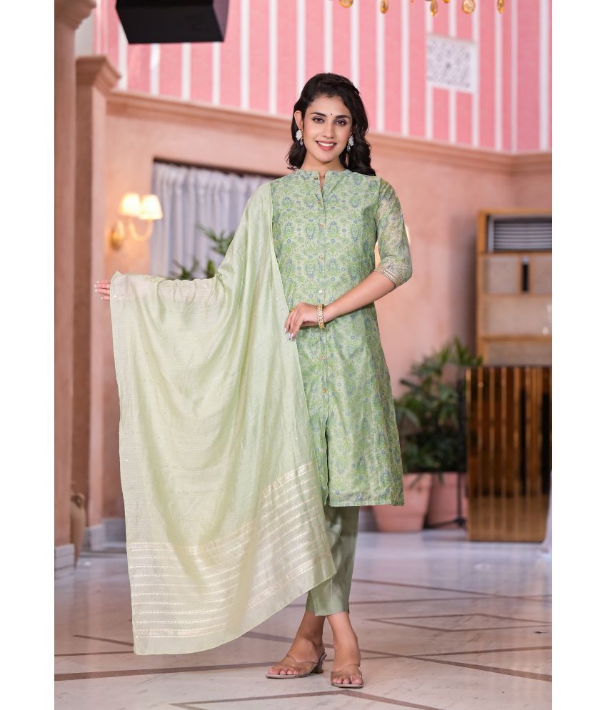     			Juniper Silk Printed Kurti With Pants Women's Stitched Salwar Suit - Green ( Pack of 1 )