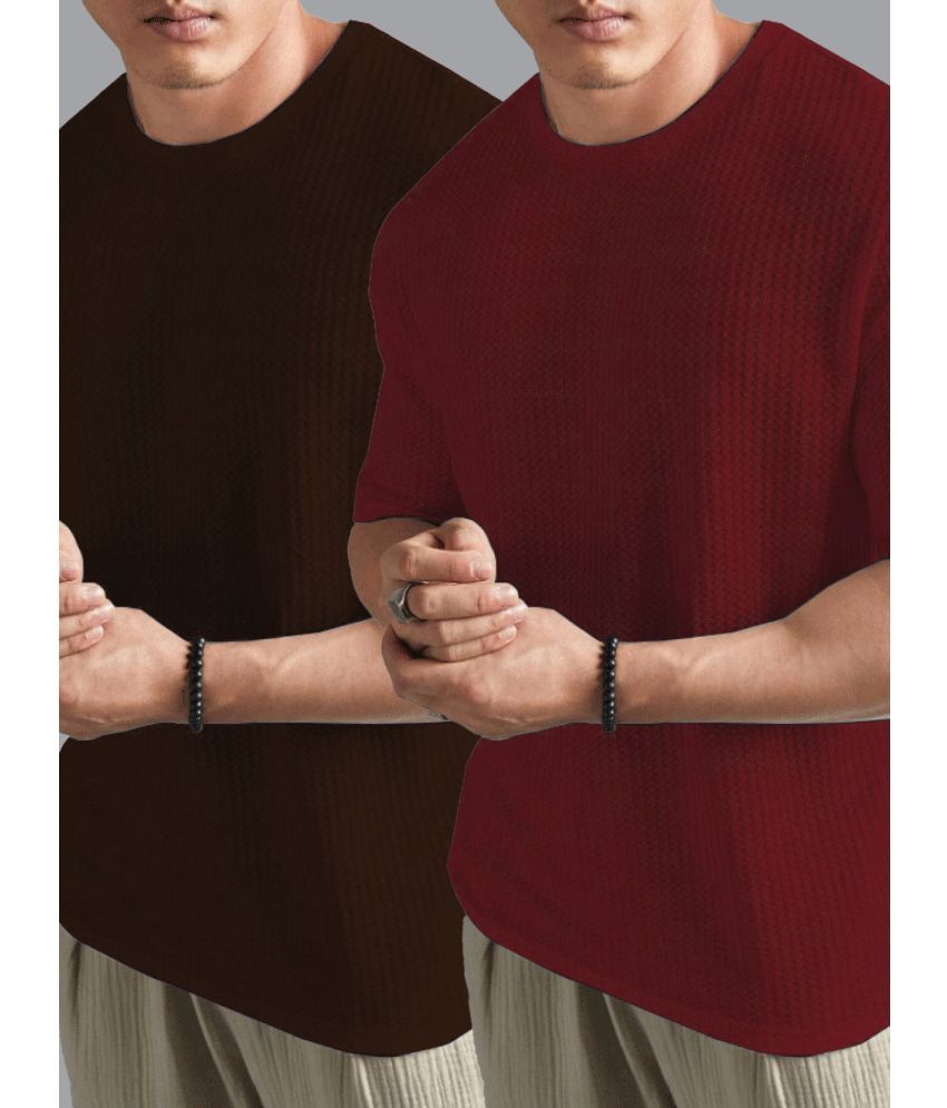     			Merriment Cotton Blend Regular Fit Self Design Half Sleeves Men's Round T-Shirt - Maroon ( Pack of 2 )