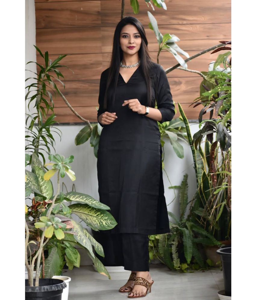     			Nirja Fab Rayon Solid Kurti With Pants Women's Stitched Salwar Suit - Black ( Pack of 1 )