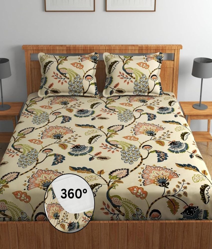     			SWIZIER Cotton Floral Fitted 1 Bedsheet with 2 Pillow Covers ( King Size ) - Beige