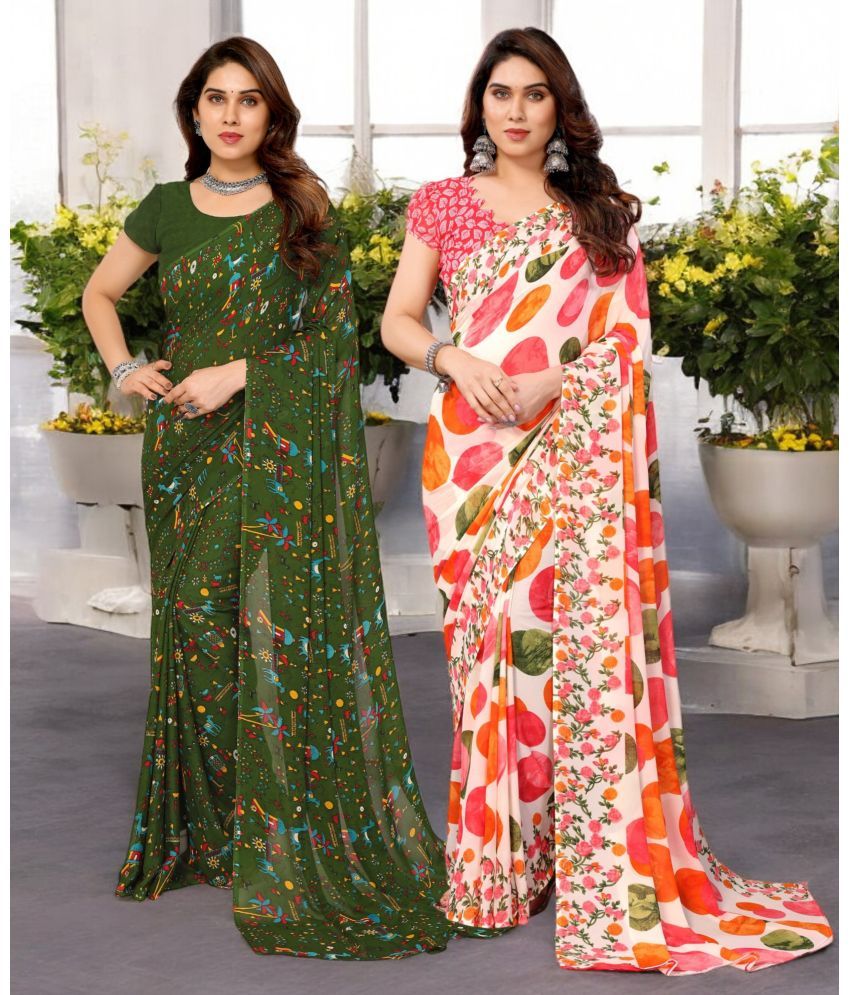     			TTH Georgette Printed Saree With Blouse Piece ( Multicolor , Pack of 2 )