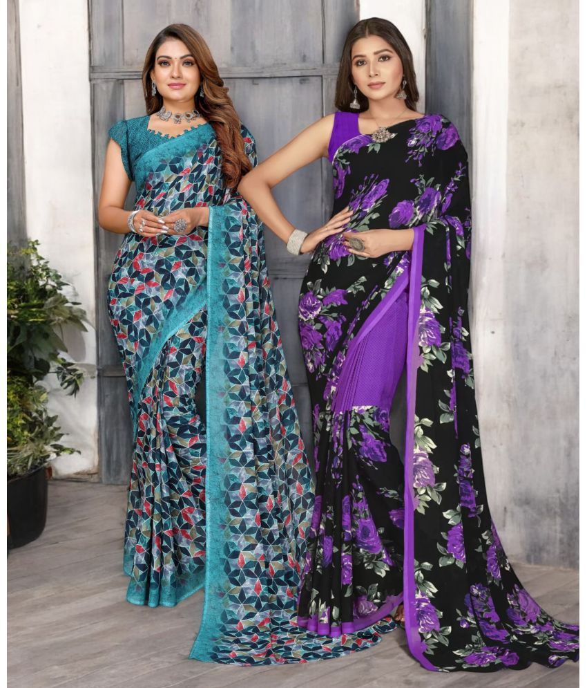     			TTH Georgette Printed Saree With Blouse Piece ( Multicolor , Pack of 2 )