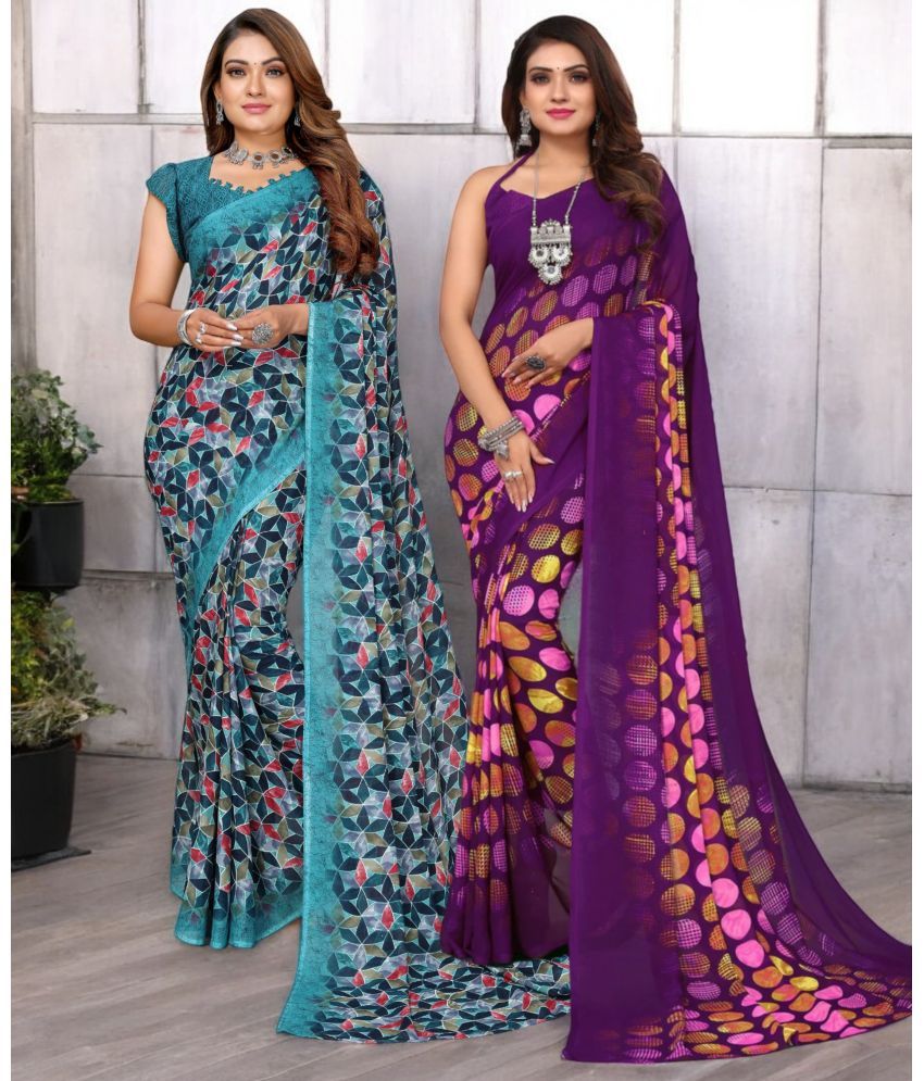     			TTH Georgette Printed Saree With Blouse Piece ( Multicolor , Pack of 2 )