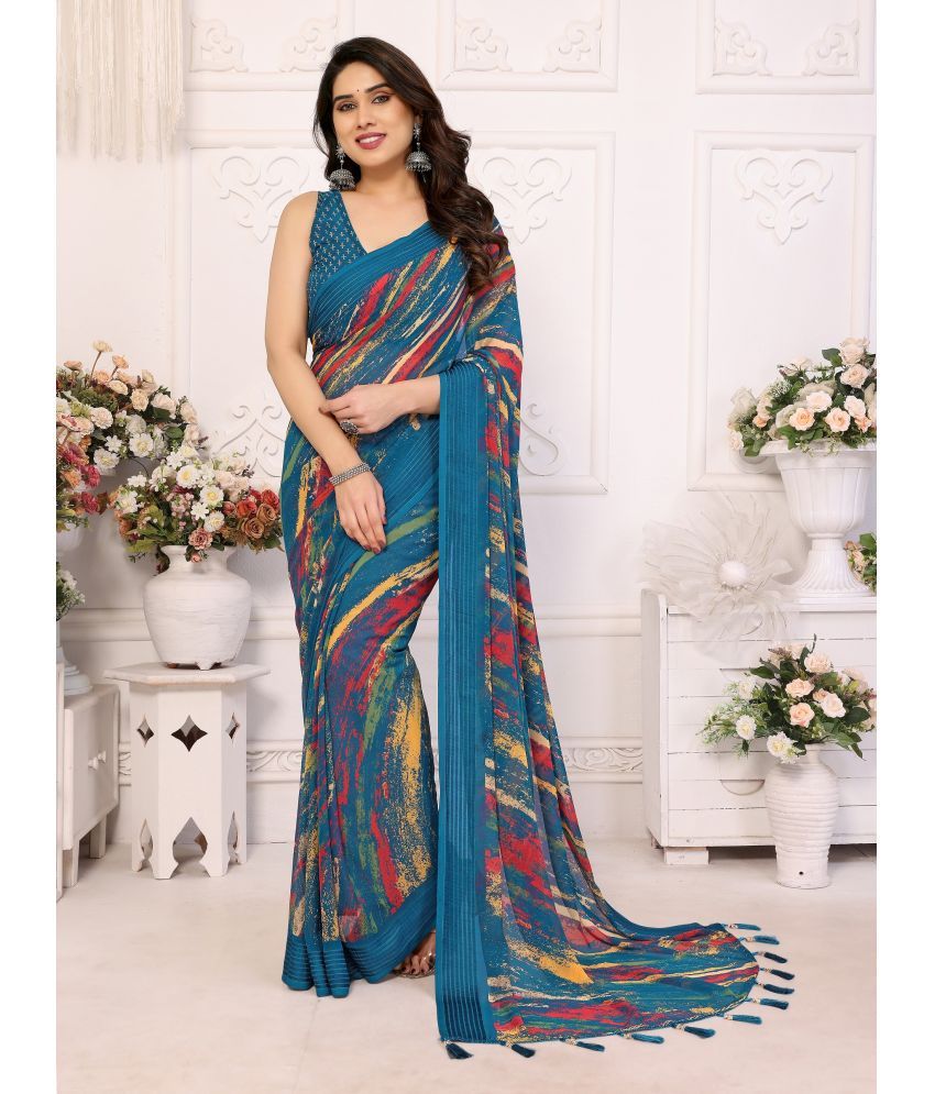     			VEDANT VASTRAM Georgette Printed Saree With Blouse Piece ( Blue , Pack of 1 )