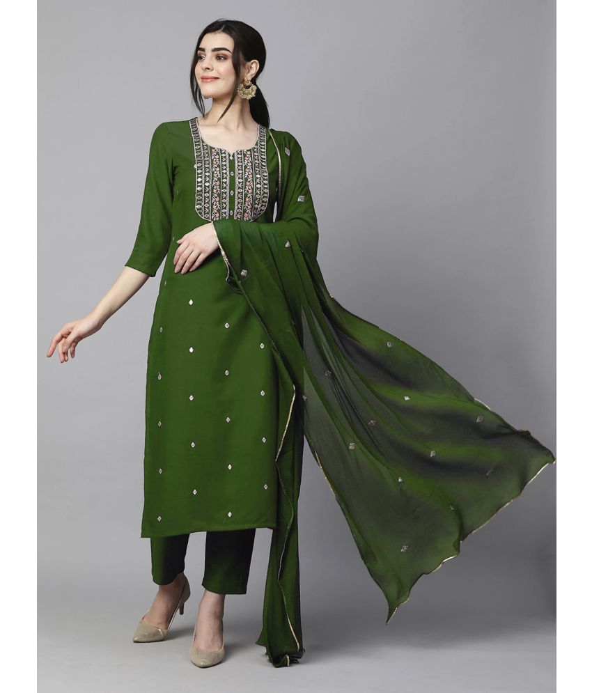     			anushansa Silk Blend Embroidered Kurti With Pants Women's Stitched Salwar Suit - Green ( Pack of 1 )