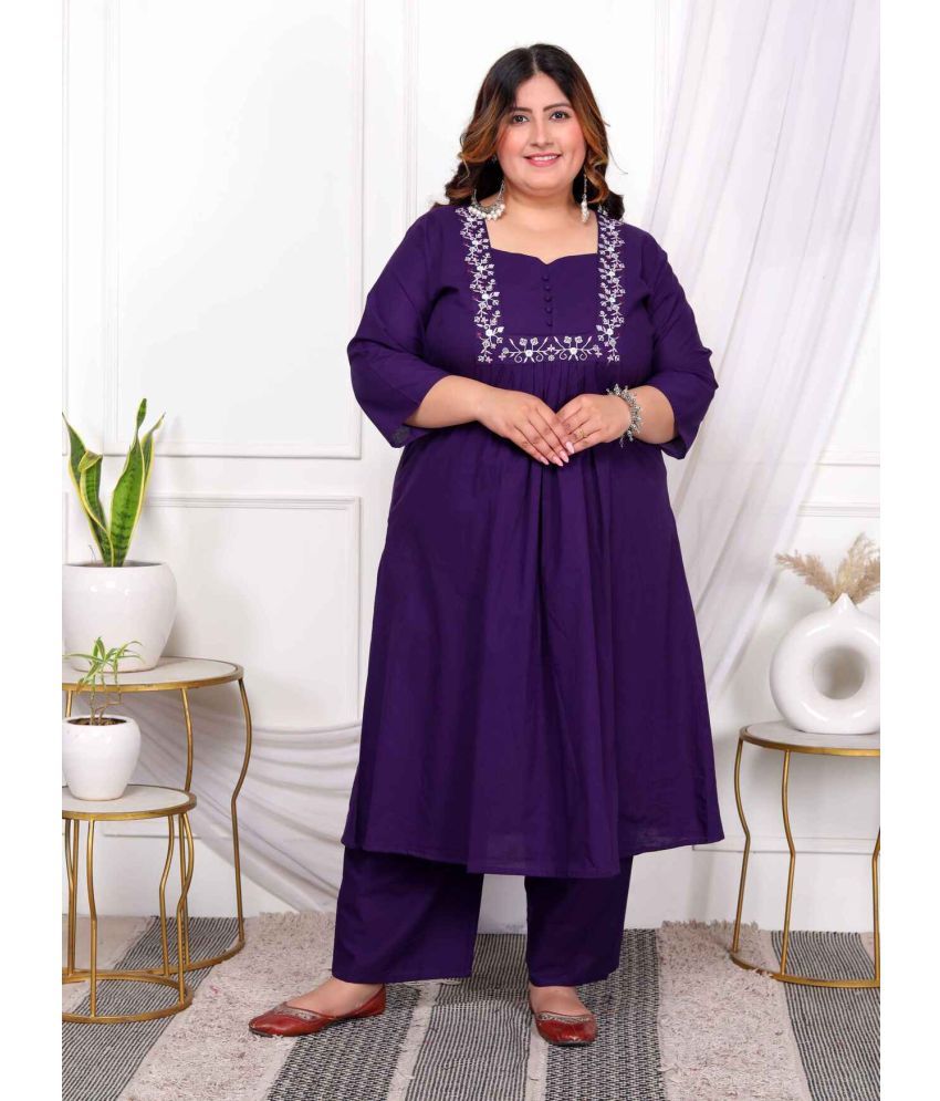     			Angiya Cotton Embroidered Kurti With Palazzo Women's Stitched Salwar Suit - Purple ( Pack of 1 )