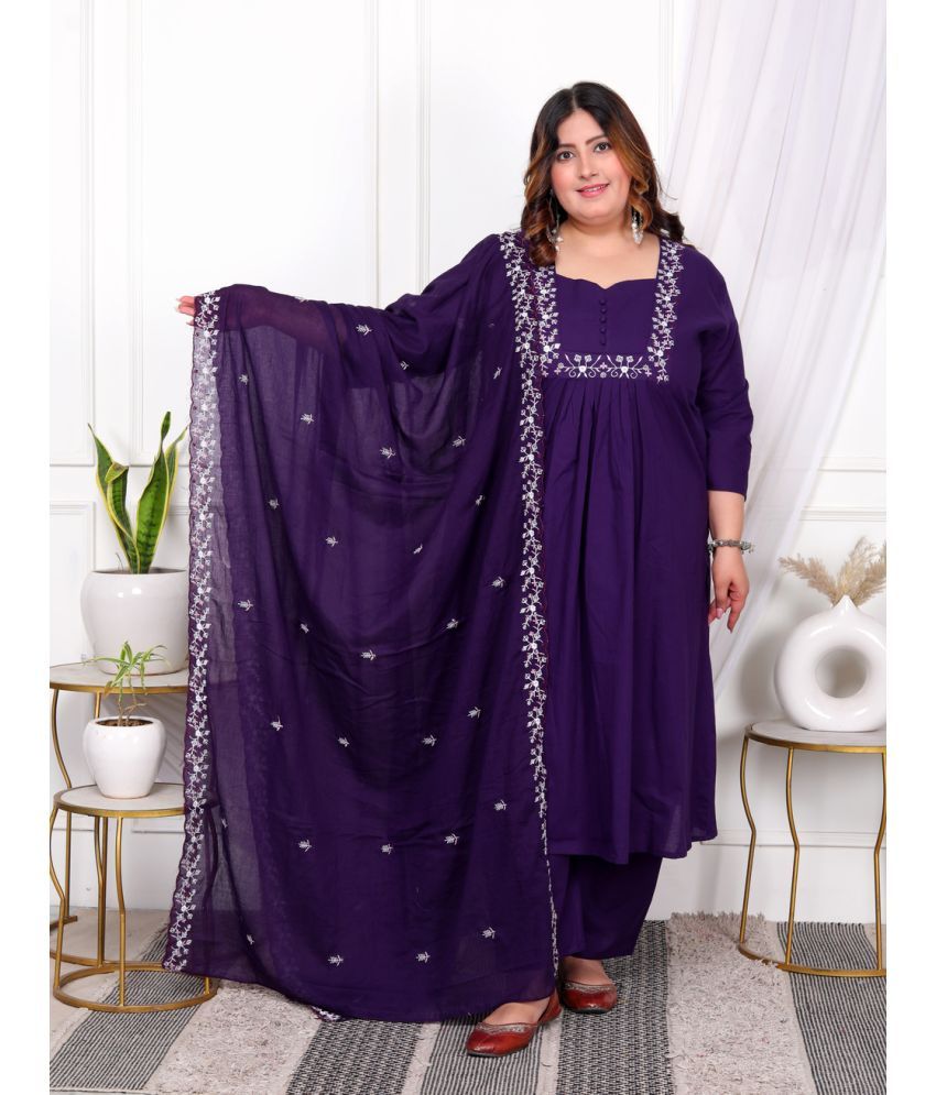     			Angiya Cotton Embroidered Kurti With Palazzo Women's Stitched Salwar Suit - Purple ( Pack of 1 )