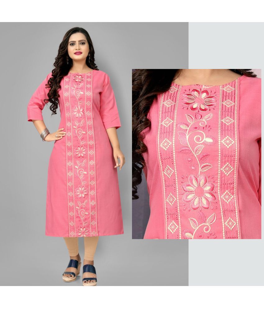     			Hetsa Pack of 1 Cotton Blend Embroidered A-line Women's Kurti - ( Pink )