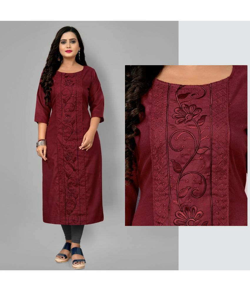     			Hetsa Pack of 1 Cotton Blend Embroidered A-line Women's Kurti - ( Maroon )