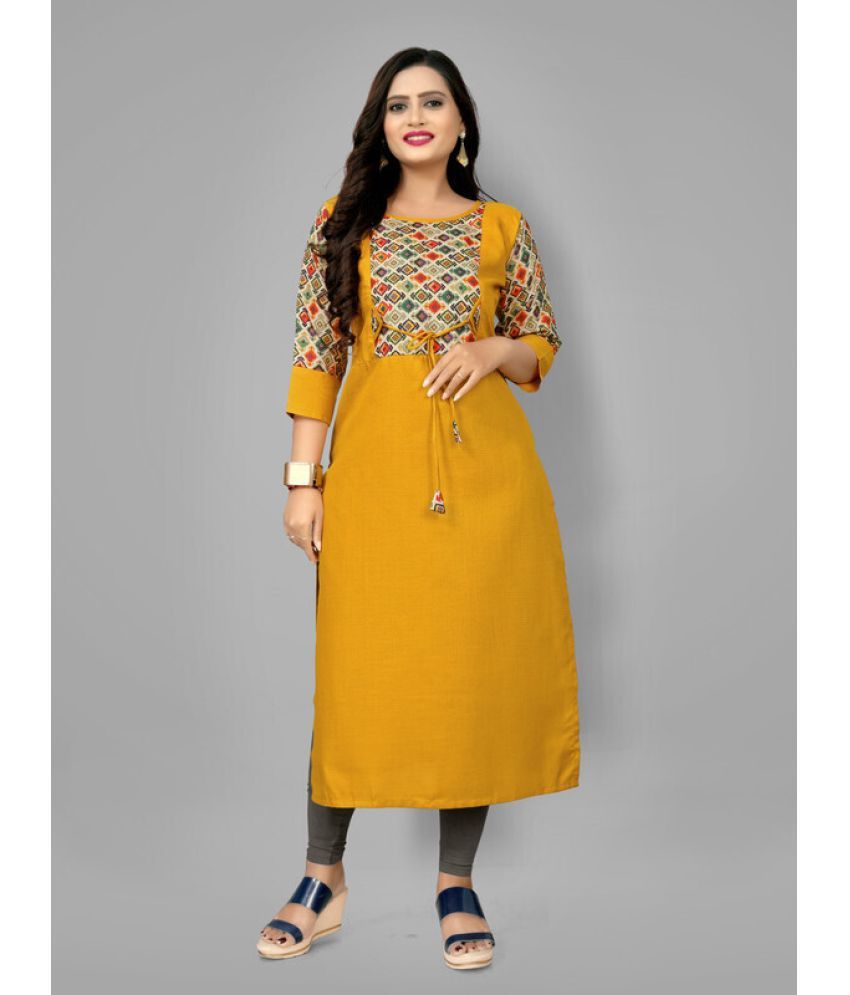     			Hetsa Pack of 1 Cotton Blend Printed A-line Women's Kurti - ( Yellow )