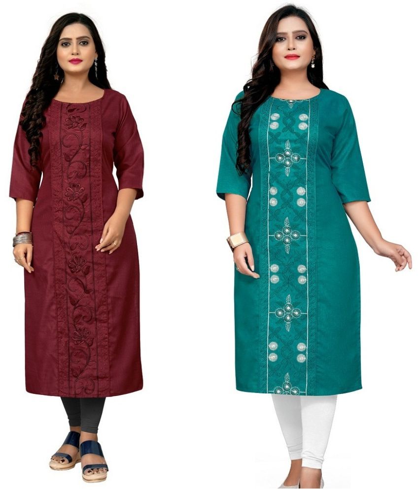     			Hetsa Pack of 2 Cotton Blend Embroidered Straight Women's Kurti - ( Multicolor )