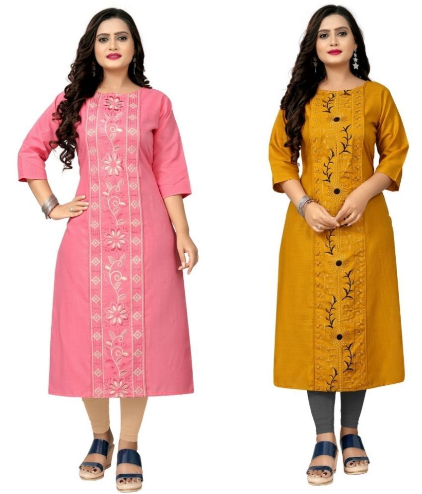     			Hetsa Pack of 2 Cotton Blend Embroidered Straight Women's Kurti - ( Multicolor )