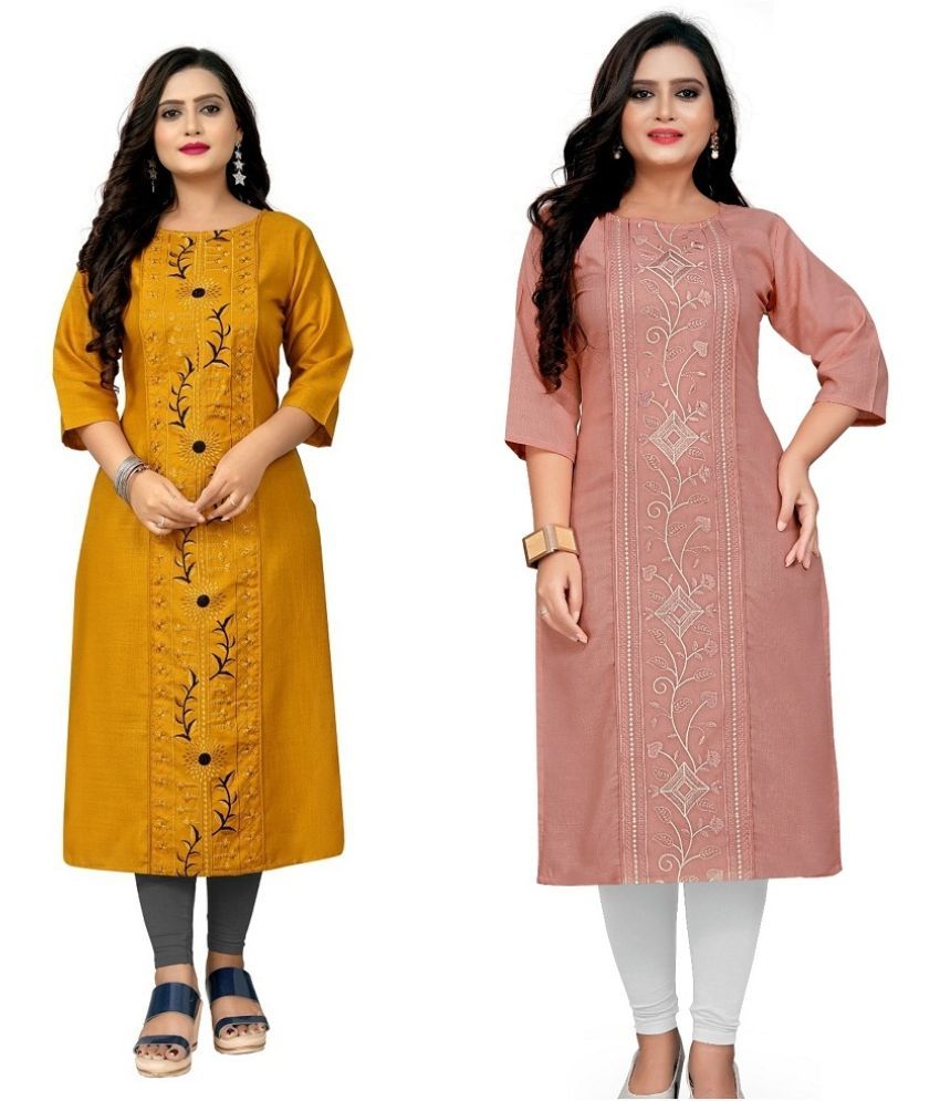     			Hetsa Pack of 2 Cotton Blend Embroidered Straight Women's Kurti - ( Multicolor )