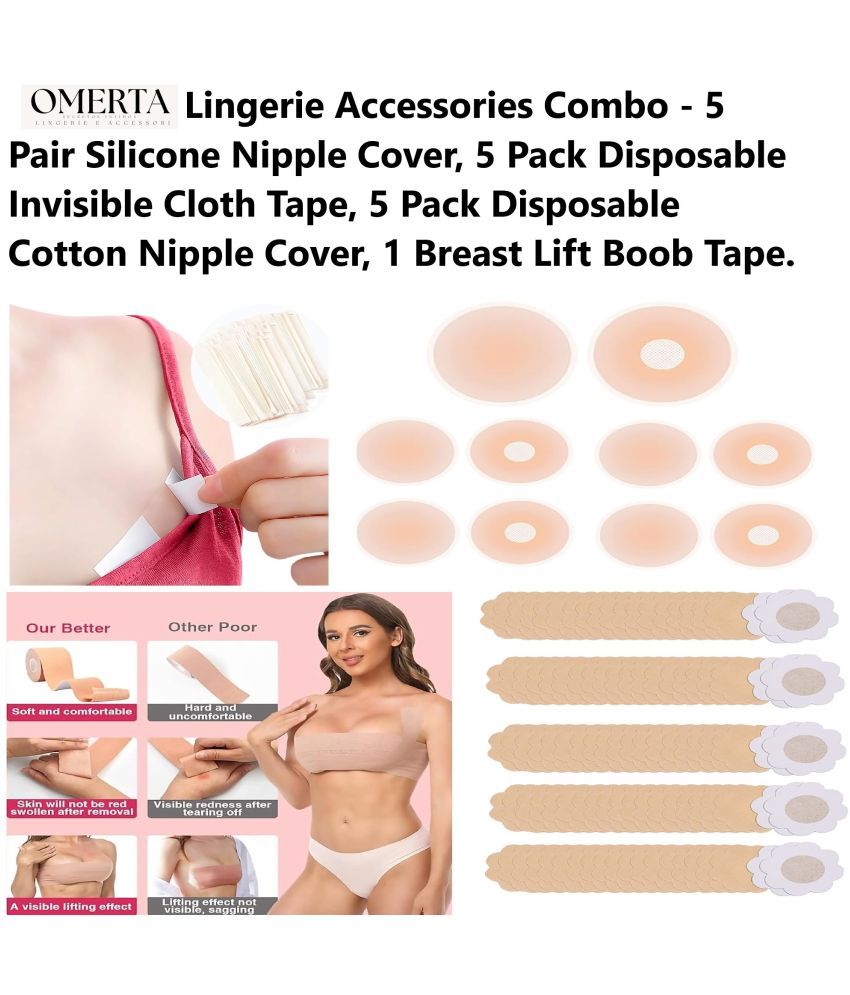     			Omerta Best Quality Cheapest Lingerie Accessories Combo - Breast Lift Boob Tape (1), Flix 10 Times Reusable Silicone Nipple Cover (5 Pair), Disposable Cotton Nipple Cover (5 Packs) & Double Side Invisible Fashion Body Tape (5 Packs)