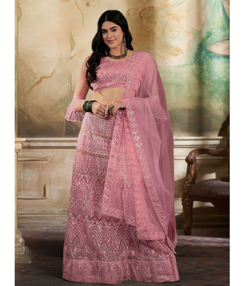     			Varni Fabrics Pink Net A-line Semi Stitched Lehenga Single