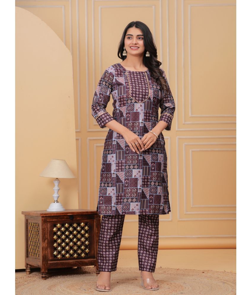     			YAGNIK FASHION Cotton Printed Kurti With Pants Women's Stitched Salwar Suit - Wine ( Pack of 1 )