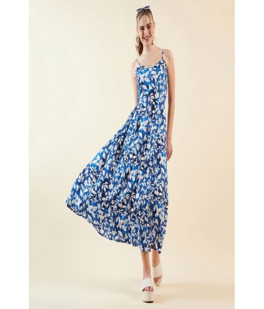     			Freehand Polyester Printed Ankle Length Women's Fit & Flare Dress - Blue ( Pack of 1 )